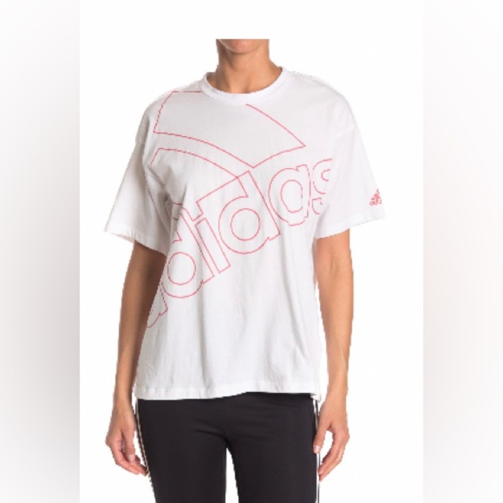 Size M, Adidas, white T-Shirt with red outlined logo letters